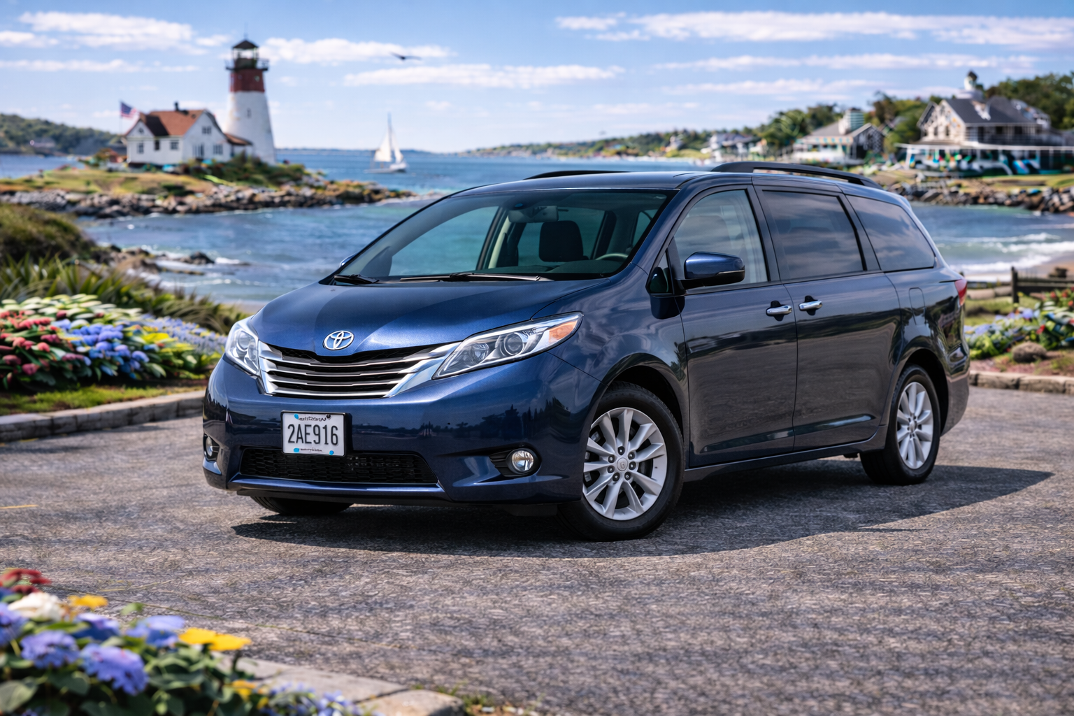Dark blue Toyota Sienna minivan, unit 17B, viewed from the front and side
