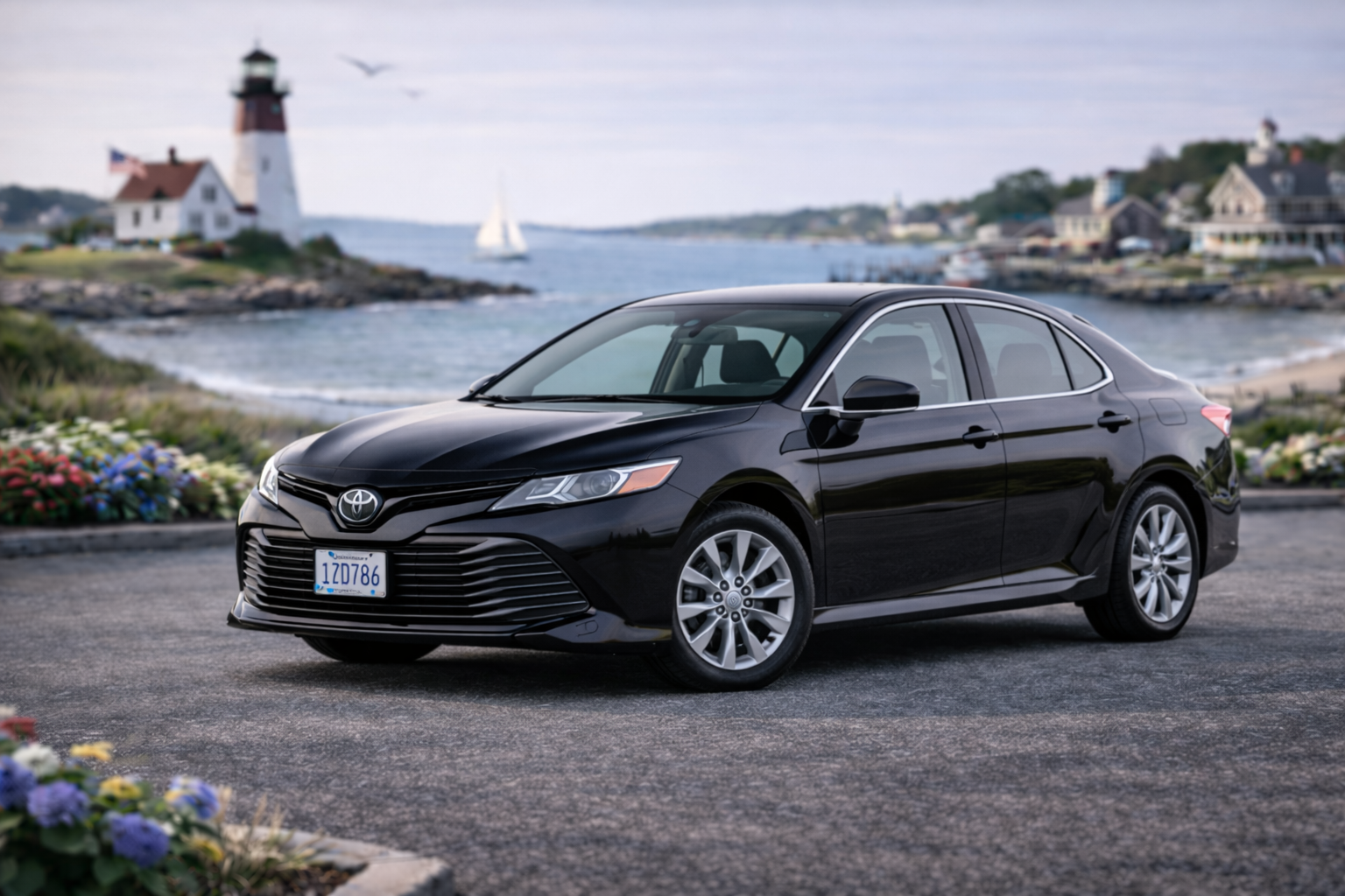Black Toyota Camry sedan, unit 786, viewed from the front and side